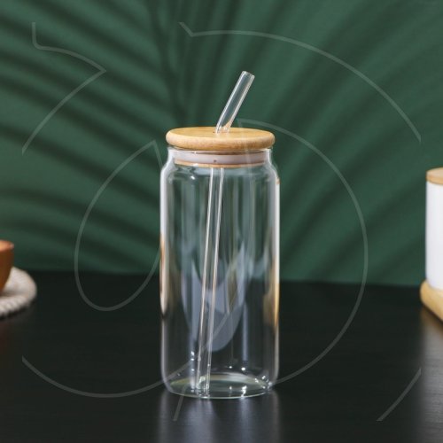 Стакан стеклянный с трубочкой и бамбуковой крышкой 500 мл 9623991